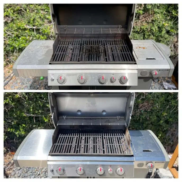 Two side-by-side images of a gas grill. The top grill is dirty, with burnt food residue, while the bottom grill is clean and shiny. Green foliage in the background.