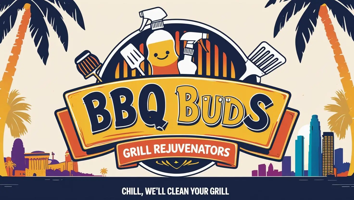 Logo for "BBQ Buds Grill Rejuvenators" featuring grilling tools and condiments, palm trees, and a city skyline. Text below reads, "Chill, we'll clean your grill.