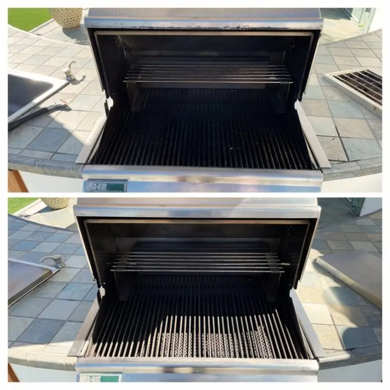 Comparison of a grill before and after cleaning. The top image shows a dirty grill with residue, while the bottom image displays a clean, shiny grill.