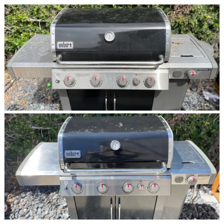 Outdoor grill comparison: Top image shows a dusty silver and black grill with red knobs, while the bottom image shows it cleaned and shiny. Both are against a leafy background.