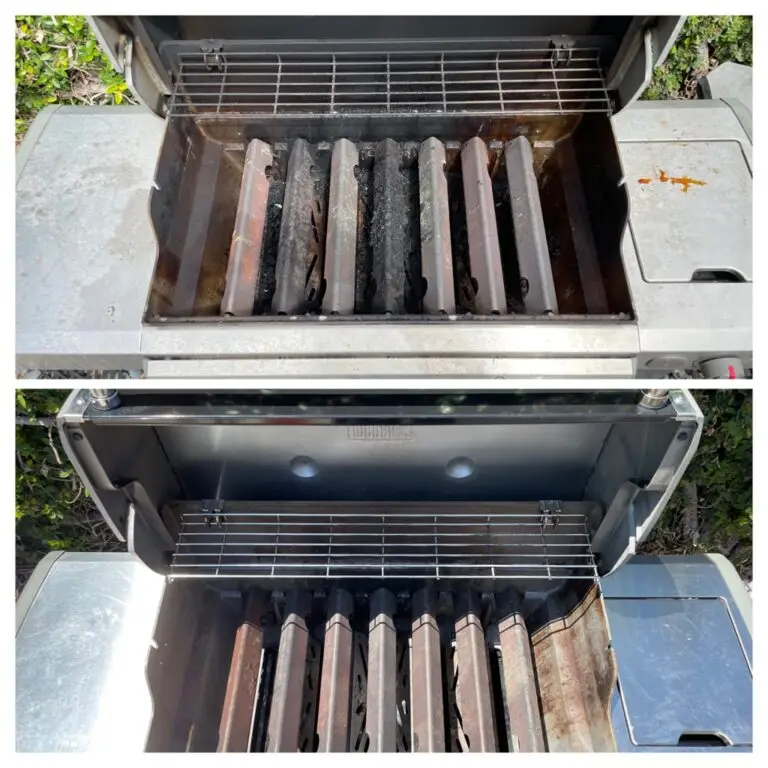 Two images of a grill's interior. Top: dirty with brown residue; bottom: cleaner and brighter with less buildup. Outdoor setting, indicating maintenance.