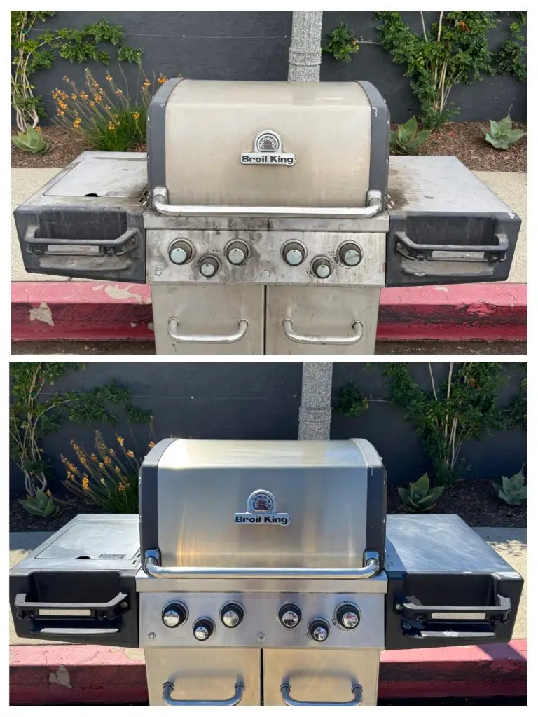 Collage shows a grill before and after cleaning. Top: dirty grill with grime. Bottom: same grill shiny and clean. Background features plants and a stone wall.