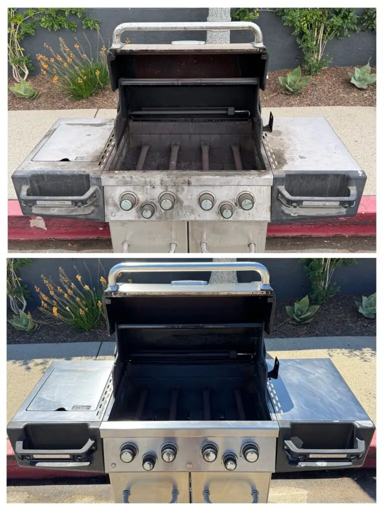 Two images show the same outdoor gas grill. The first image displays a dirty, worn grill, while the second shows it clean and polished, with the surrounding area featuring plants and a paved ground.