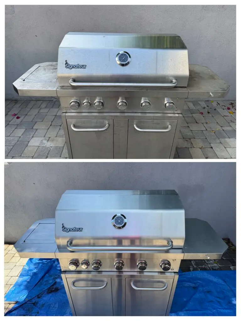 Two images of a stainless steel grill; the top image shows it dirty and weathered, while the bottom image shows it clean and polished.