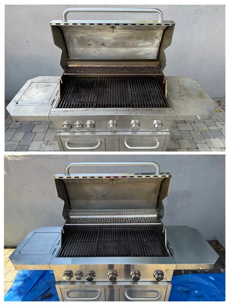 Two images of a silver grill. The top image shows the grill dirty and grimy. The bottom image shows it cleaned, appearing shiny on a patio.