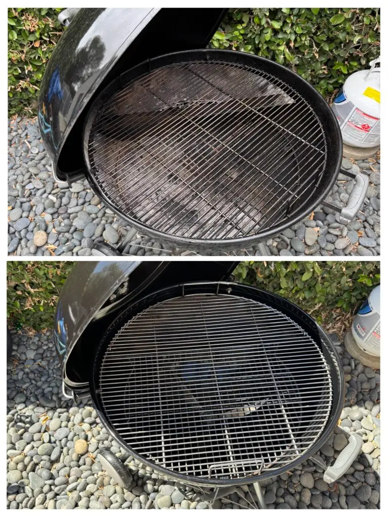 Split image comparison of a charcoal grill. Top: dirty, rust-stained grill grate. Bottom: clean, shiny grill grate. Both set on pebble flooring by greenery.