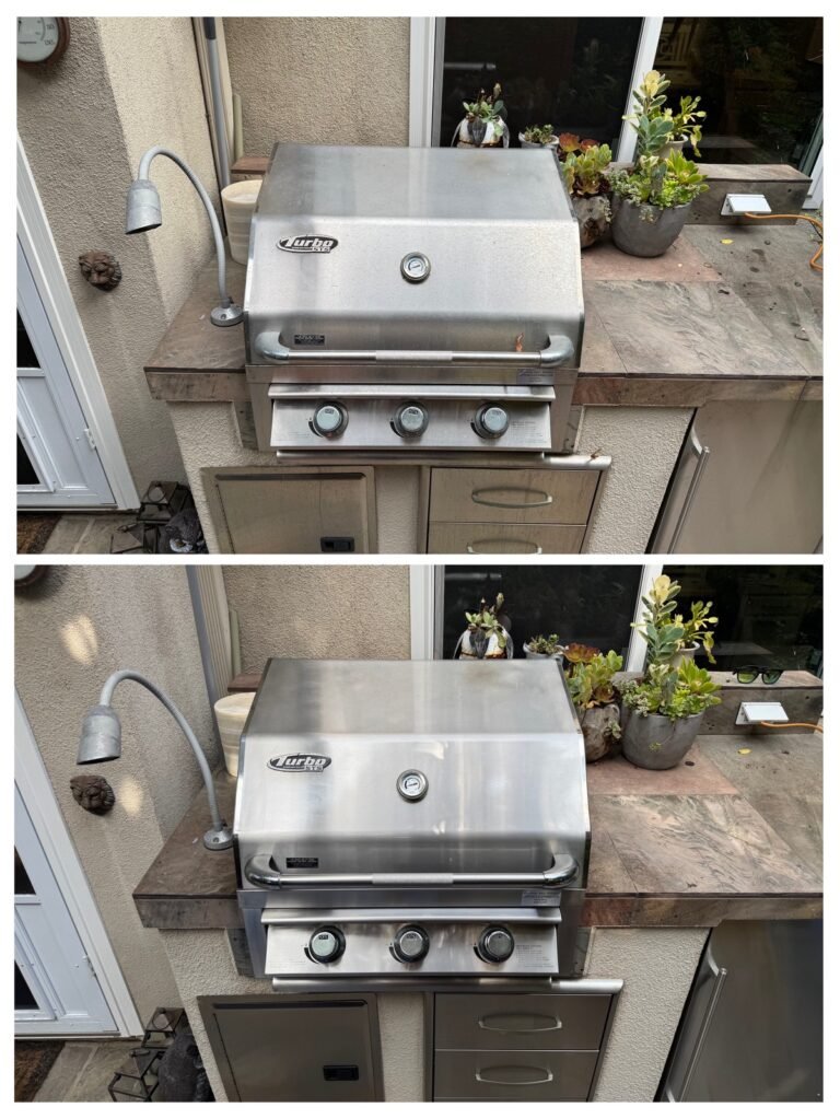 Two side-by-side images of a stainless steel outdoor grill with three knobs, built into a stone counter, with plants and accessories nearby. The grill lid is closed in both images. The bottom grill is noticeably cleaner.