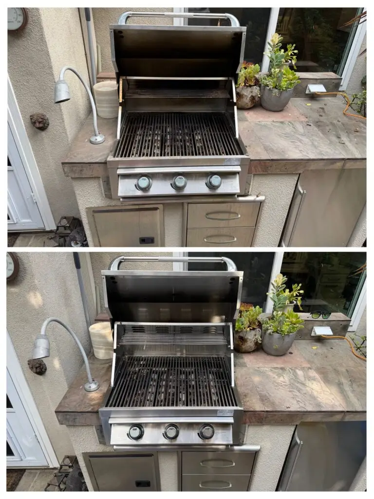 Two photos of an outdoor gas grill with the lid open, built into a stone countertop, surrounded by plants and drawers; the bottom photo shows a cleaner grill surface.