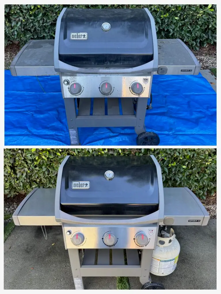 Two side-by-side photos of a Weber gas grill; the top image shows it dirty on a blue tarp, the bottom shows it clean with an attached propane tank on a paved surface.
