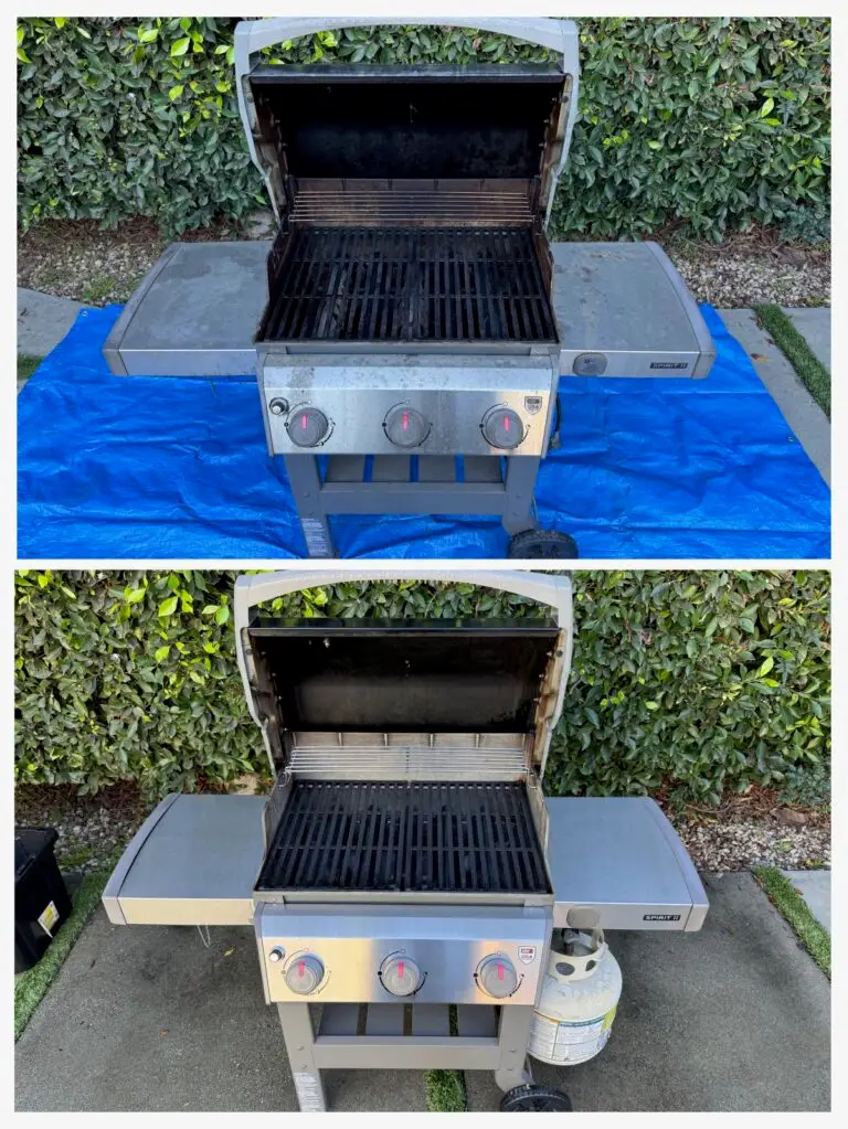 Two images of a stainless steel grill are shown side by side. The top image shows the grill on a blue tarp, appearing dusty and used, while the bottom image displays the grill clean and shiny on a concrete surface. Greenery serves as a backdrop, conveying a tidy and refreshed tone.