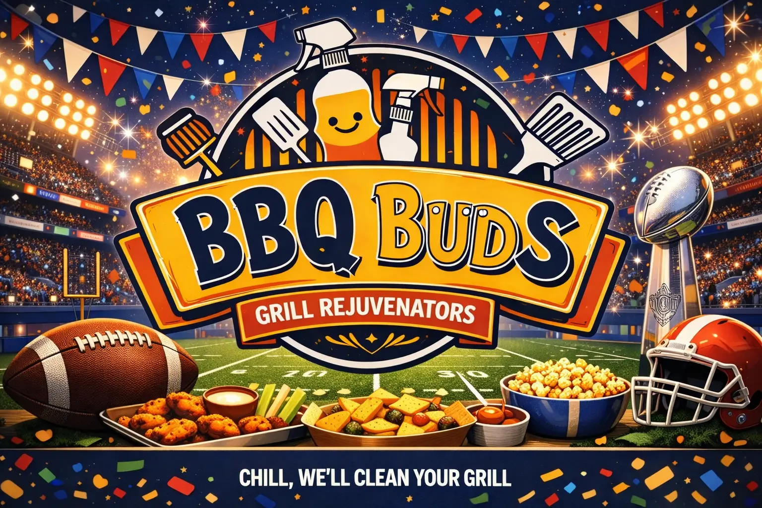 Stadium with a football game setting. Center banner reads "BBQ Buds: Grill Rejuvenators." Snacks and football gear are in the foreground. Festive, lively atmosphere.
