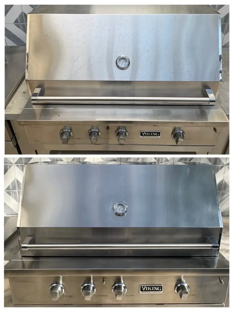 Two images of a stainless steel Viking Professional outdoor grill, featuring four knobs and a temperature gauge. The grill appears clean and polished.