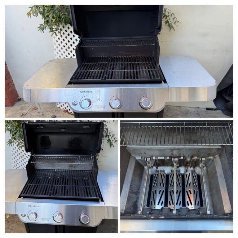 Collage showing a stainless steel gas grill from different angles: Top image is dirty and bottom image is clean grates, warming rack, and interior view of burner tubes and heat shields.