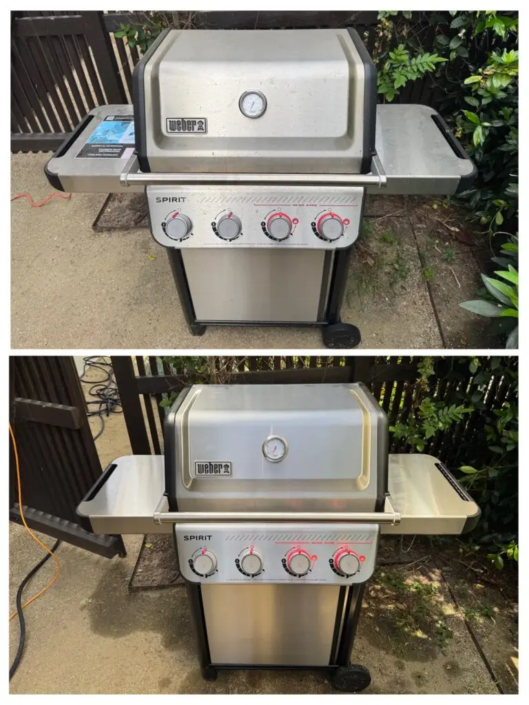 Two images of a stainless steel outdoor grill on a patio, first dusty with debris, second cleaned and polished, surrounded by greenery, conveying renewal.