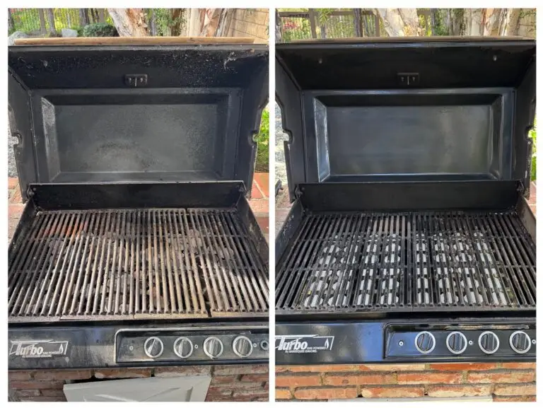 Dual-image comparison of a grill before and after cleaning. The left side shows a dirty grill with greasy grates; the right side shows a clean, shiny grill.
