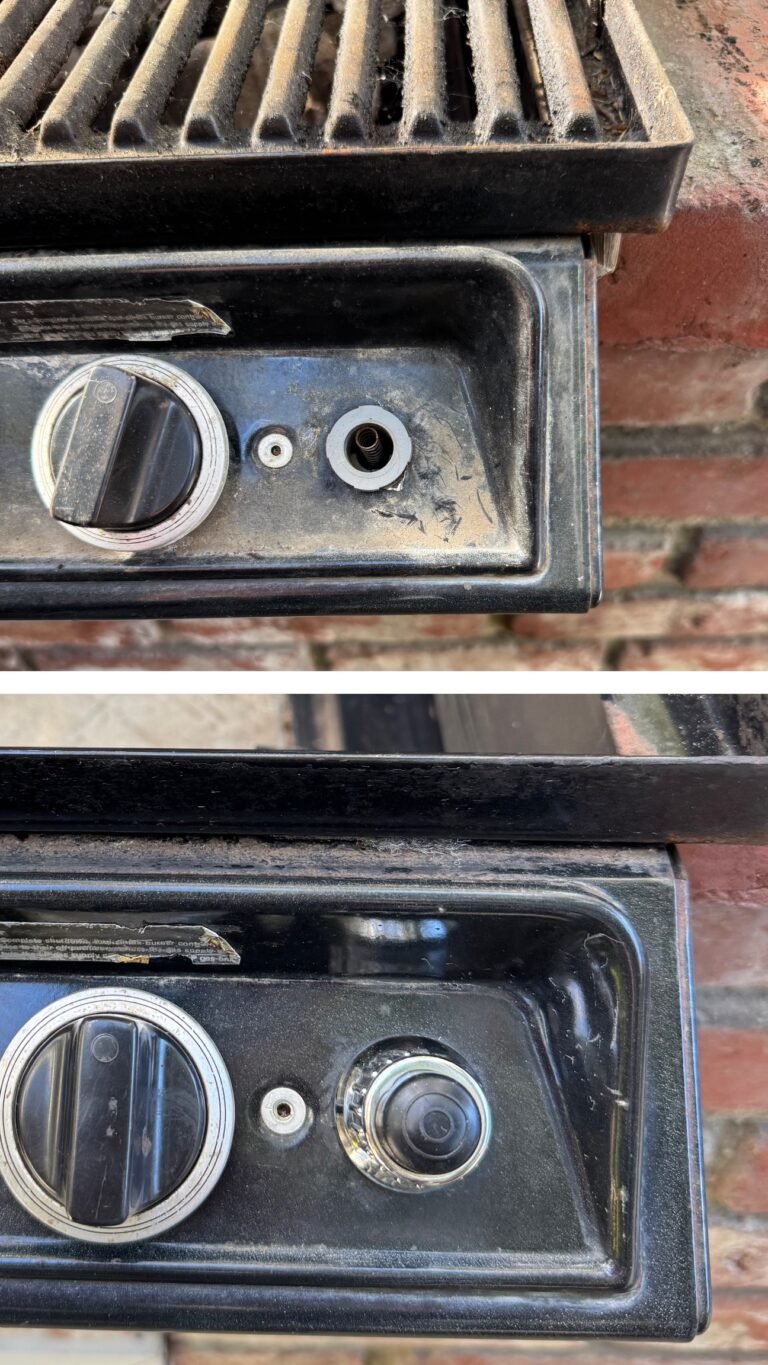 Close-up images of a black barbecue grill's control panel. The top shows a missing ignition button, the bottom features an intact button. The grill is set against red brick.