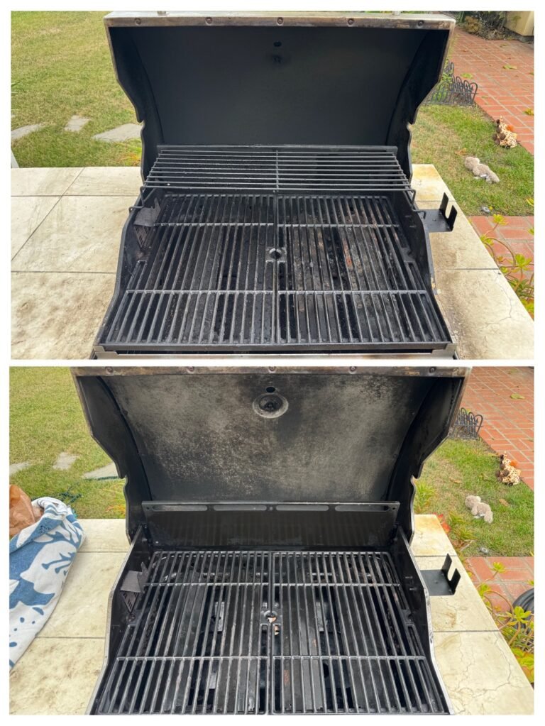 Two-part photo showing a gas grill before and after cleaning. The top image shows a dirty grill with soot marks; the bottom reveals a cleaner surface.