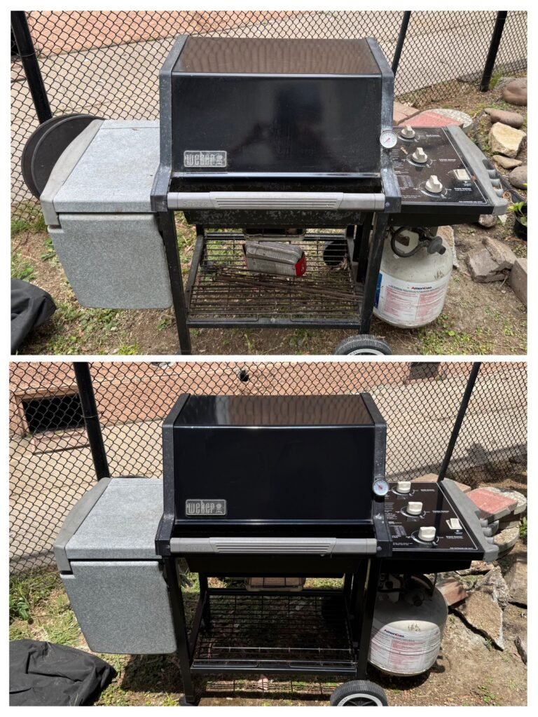 Two images of a gas grill in a yard, photographed from the same angle. The grill has a closed black lid, side tray, and connected propane tank. The grill in the top image is dirty, the bottom image is clean and looks new.