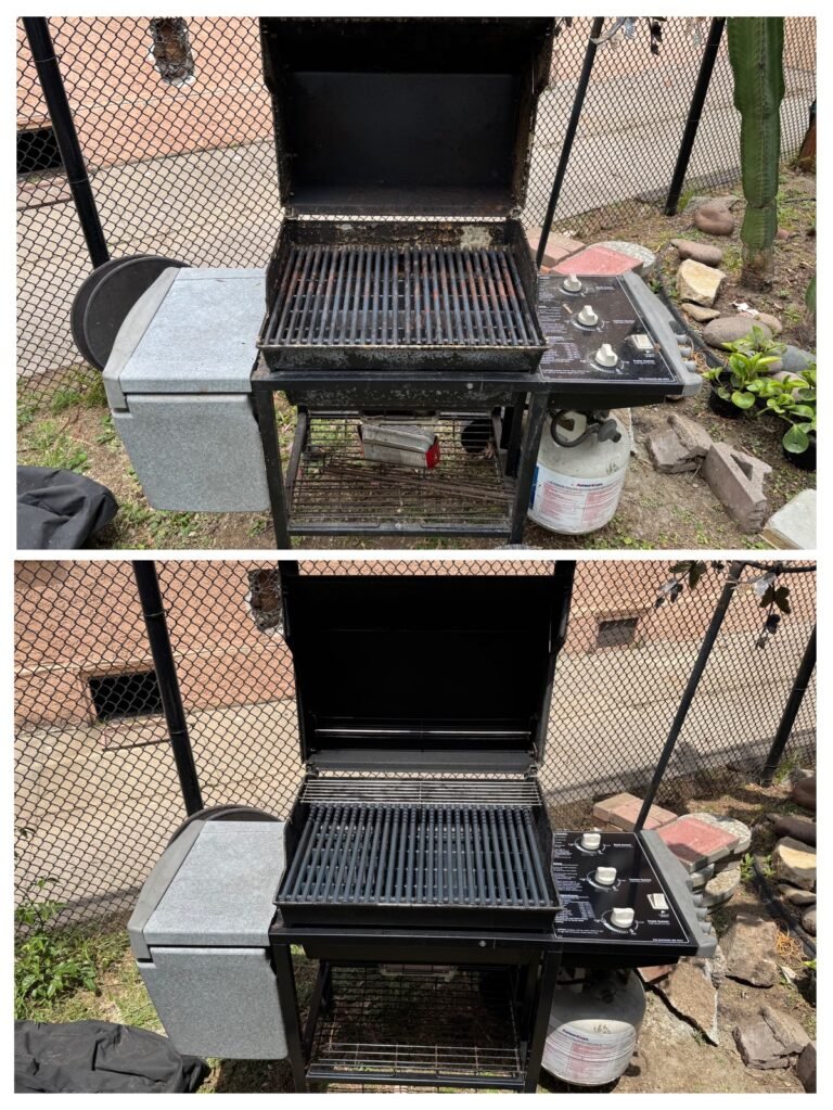 Two images of a black gas grill with an open lid. The top image is a dirty grill, the bottom is clean. The grill is outdoors on grass, against a chain-link fence, with a propane tank attached.