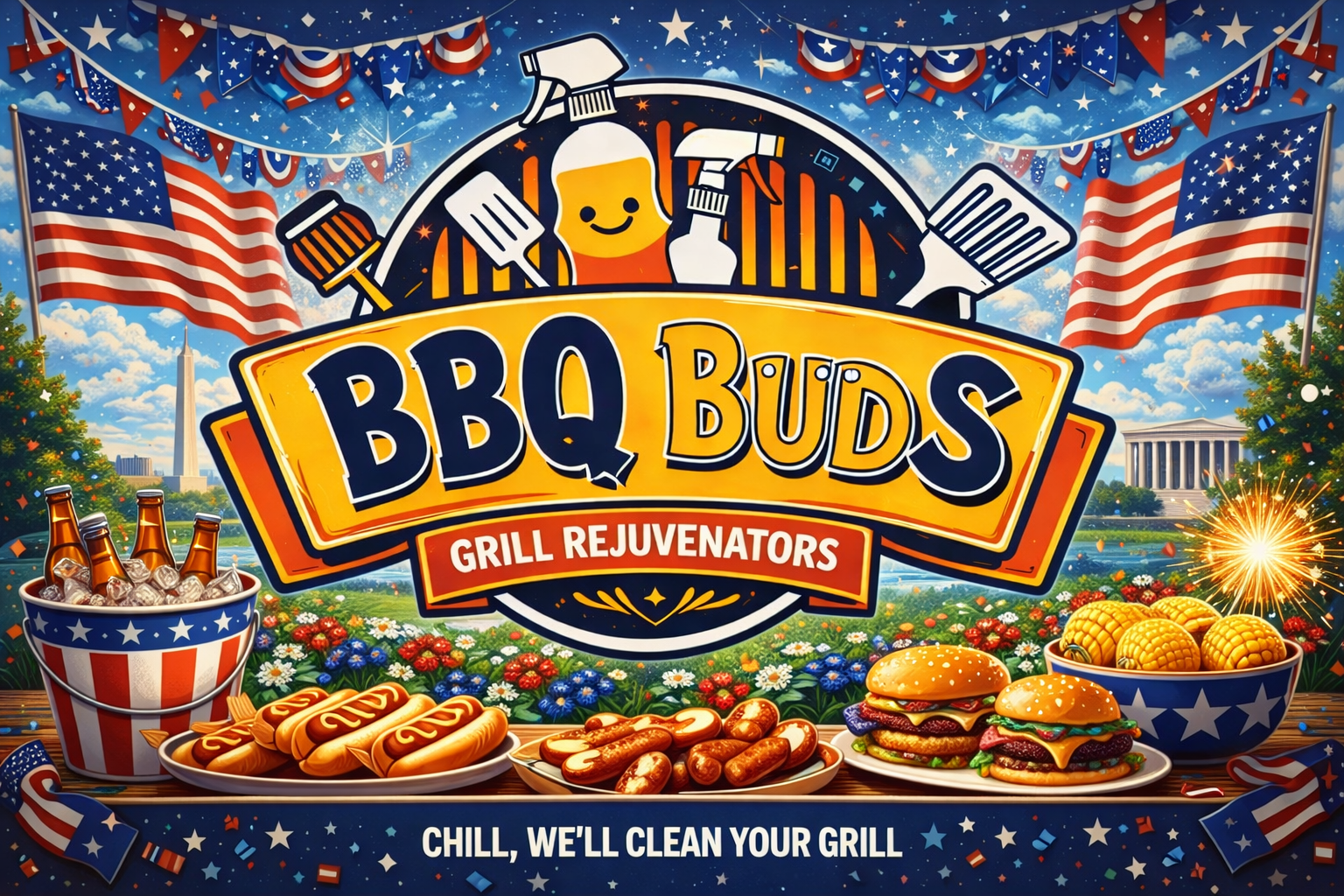 Festive BBQ poster with American flags, hotdogs, burgers, corn, and beers. The text reads, "BBQ Buds - Grill Rejuvenators," conveying a celebratory cookout theme.