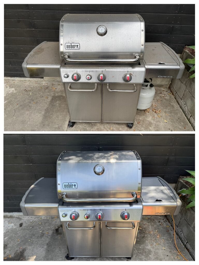 Two images of a stainless steel Weber Genesis gas grill taken outdoors, showing a before (dirty) and after (cleaned) comparison.