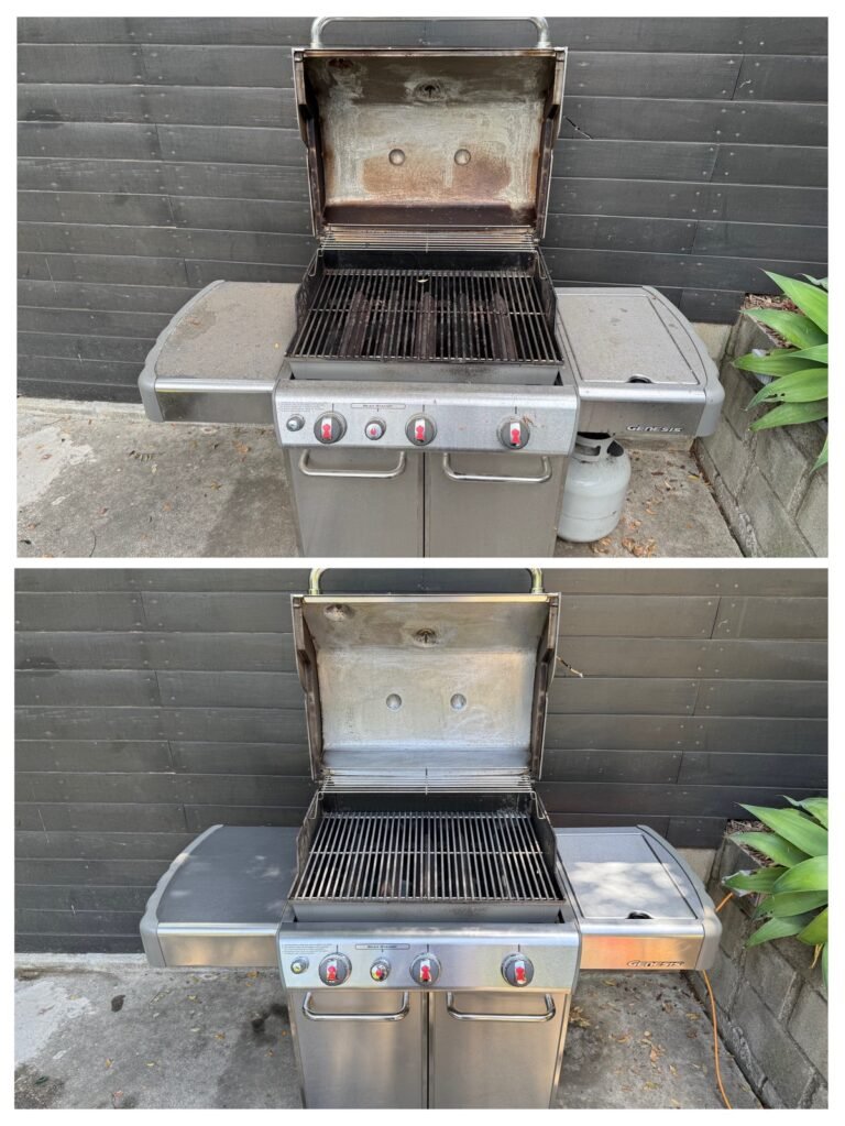 Two photos of a stainless steel gas grill with an open lid; the top image shows the grill dirty, the bottom image shows it clean.