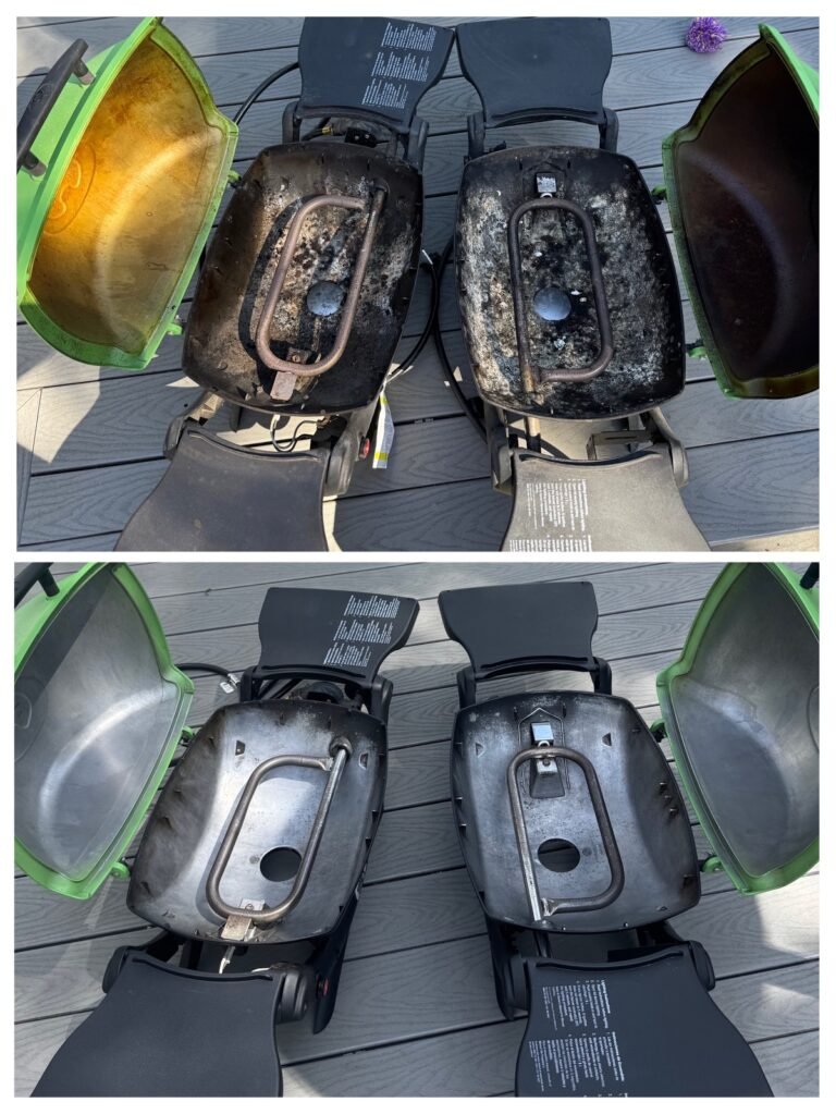 Side by side image of two portable grills. The grills have their grates removed and the burner tubes and firebox are visible. The grills are dirty in the top image and extremely clean in the bottom