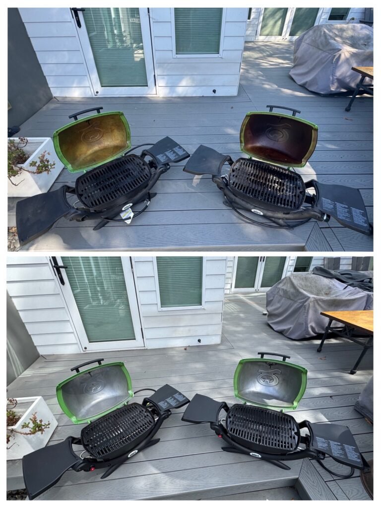 Side by side image of two open portable grills. The grills are dirty in the top image and clean in the bottom