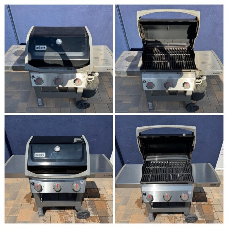 Four images of a stainless steel gas grill with three knobs. Two images show the lid closed; the other two show it open, revealing dirty and clean before and after photos. Set on a patio.