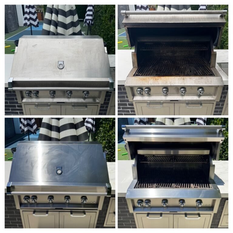 Four images of a stainless steel outdoor grill, showing its clean and dirty states with open and closed lids.