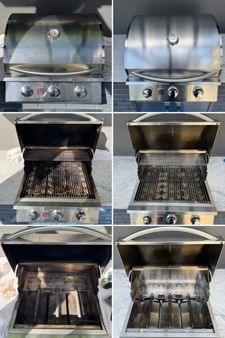 Before and after comparison photos showing the exterior, grates, and interior of a stainless steel gas grill deeply cleaned and restored to a shiny finish.