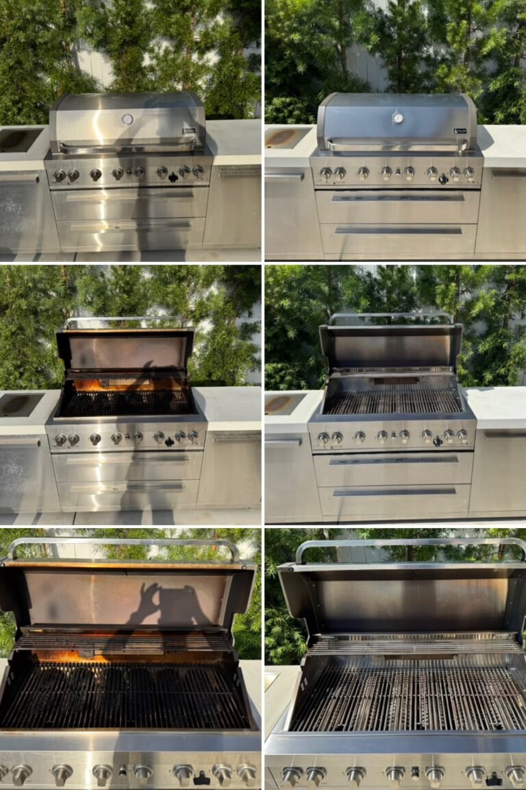 A before and after comparison of a stainless steel outdoor grill, showing the unit cleaned of grease and soot to reveal a polished metal finish.