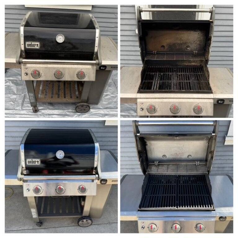 Collage of four photos showing a stainless steel gas grill before and after cleaning, with both the lid closed and open in each state.