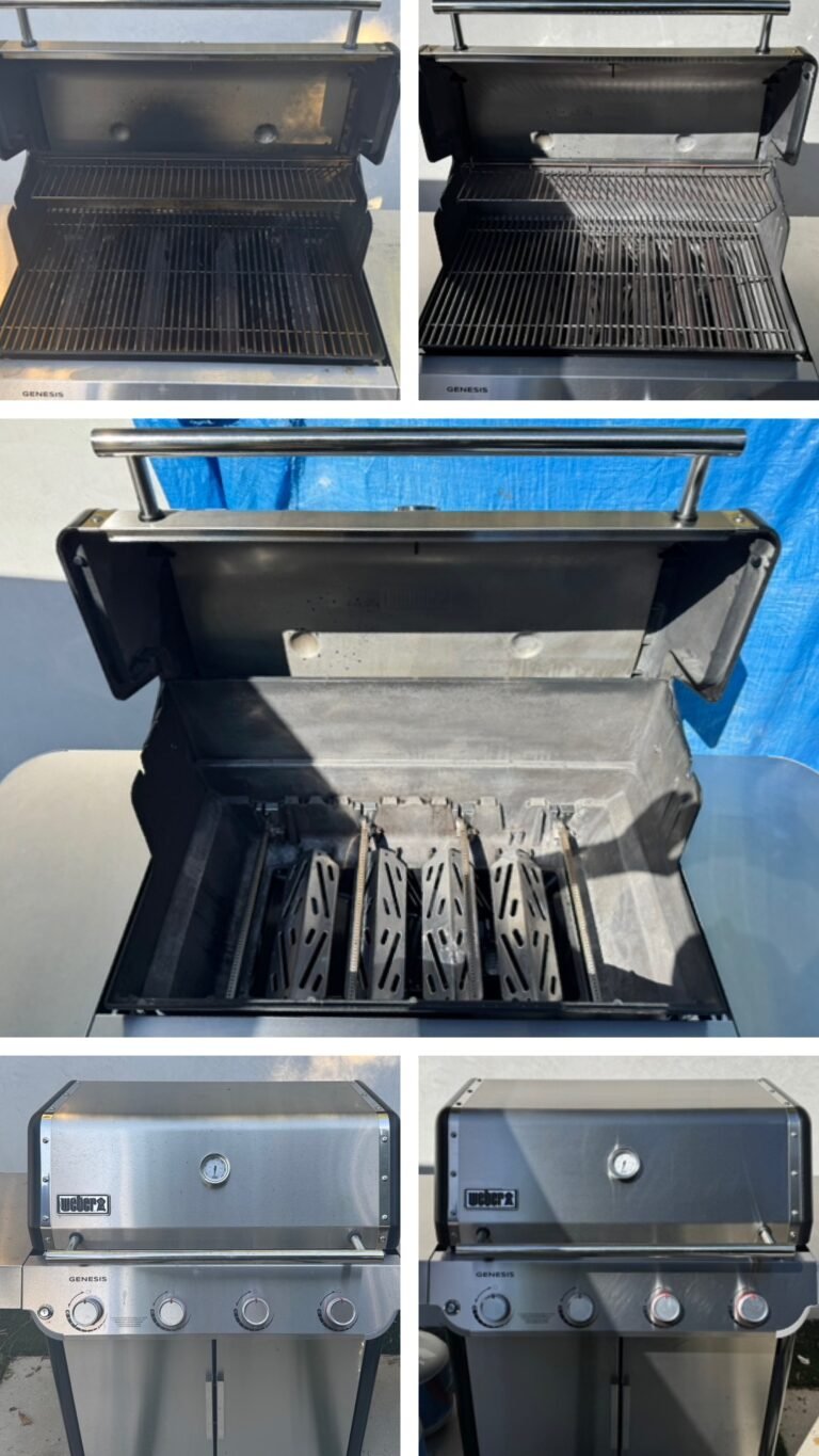 A collage showing a Weber Genesis gas grill before and after cleaning, featuring the interior grates, burner covers, and the stainless steel exterior.